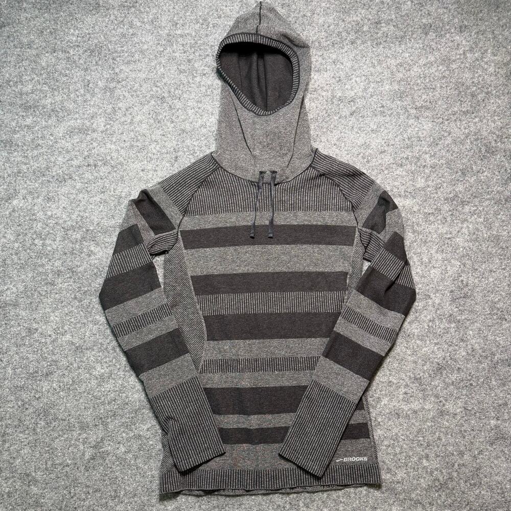 Brooks Run Happy Striped Hooded‎ Pullover Thumbholes Gray Size Large
